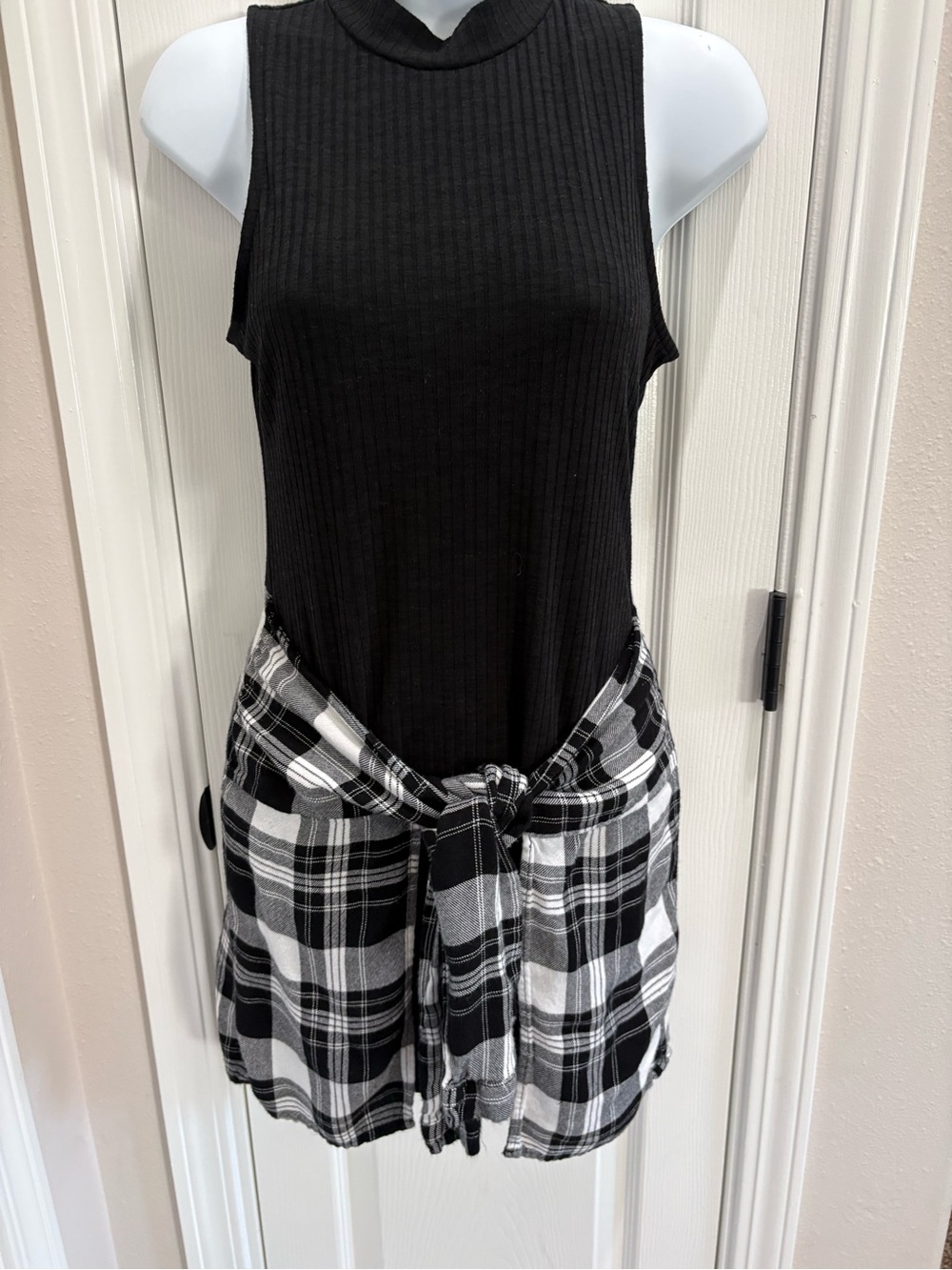 Material Girl Black Dress With Plaid Tie Waist